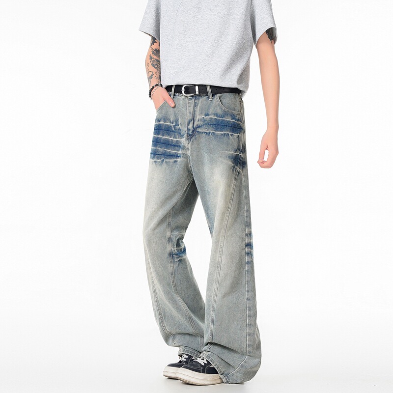 Cleanfit light blue lightning pattern jeans for men, American high street vibe pants, washed micro-flared curved pants