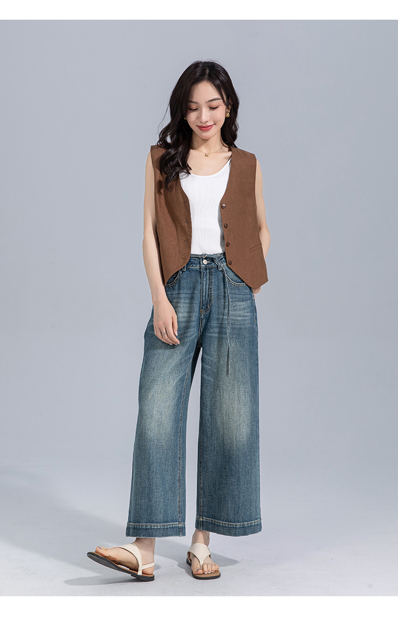 Quần jean ống rộng cạp cao nữ dáng suông ống đứng — Màu xanh lam chi tiết 23
