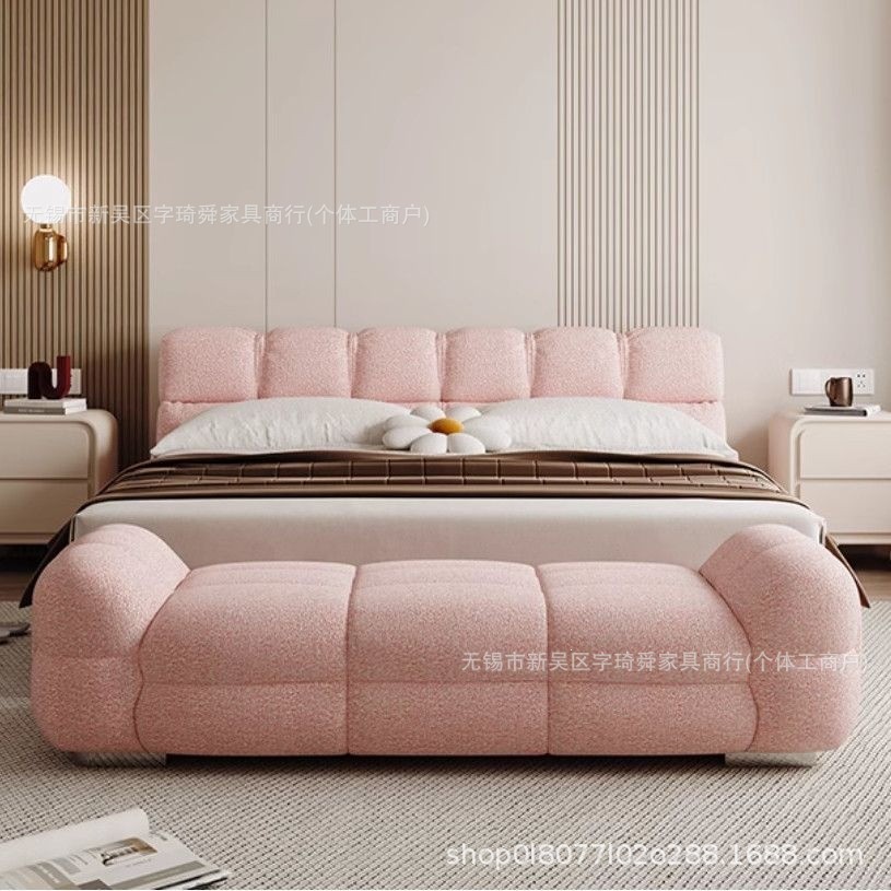Cream-colored lambswool fabric end-of-bed bench, bedroom end-of-bed long bench, Italian-style trendy puff shoe-changing bench, fitting bench, wooden