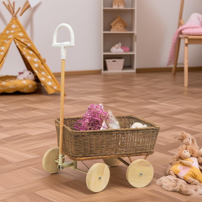 Cesto de juguetes nórdicos para niños Cesto de juguetes de peluche de caña natural Cesto de almacenamiento de juguetes de palanca de tracción para niños al aire libre Cesto pequeño