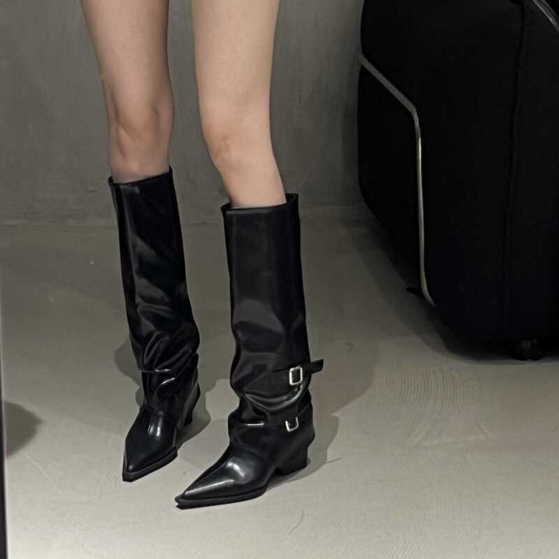 Belt Buckle ~ Pants Boots Thick Heel Boots Long Boots Female European and American Hot Girls High Boots Pointed Black Trousers Boots Fried Street