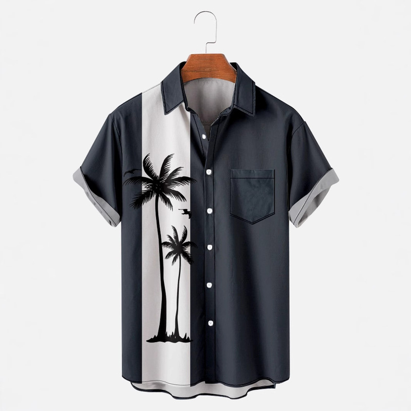 2025 New Cross-Border Large Size Shirt Hawaiian Element Print Men's Loose Trendyy Short-Sleeved Lapel Shirt