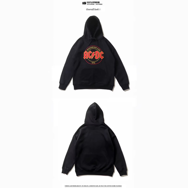 Three Tags Complete, American Retro Acdc Lettering Lightning Pattern Print, Fleece-Lined Pure Cotton Long-Sleeve Hooded Sweatshirt, Versatile Three Tags Complete, American Retro Acdc Lettering Lightning Pattern Print, Fleece-Lined Pure Cotton Long-Sleeve Hooded Sweatshirt, Versatile