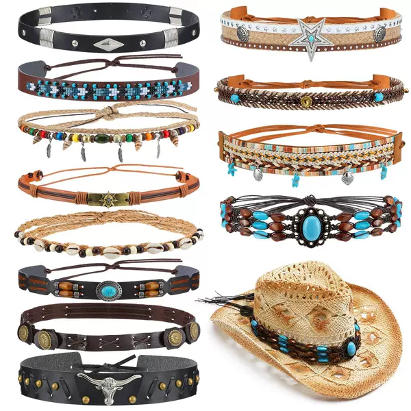 Set of Vintage Ethnic Style Cowboy Hats with Decorative Braided Rope Straps, Handmade DIY Hat Accessories, Leather