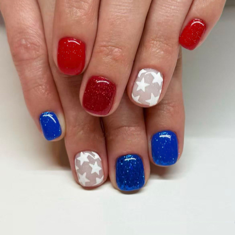Simple Independence Day Nail Stickers, Red and Blue Dual-Color Glitter Wearable Nails, American Holiday Nail Stickers, Hot-Selling Nail Art Stickers