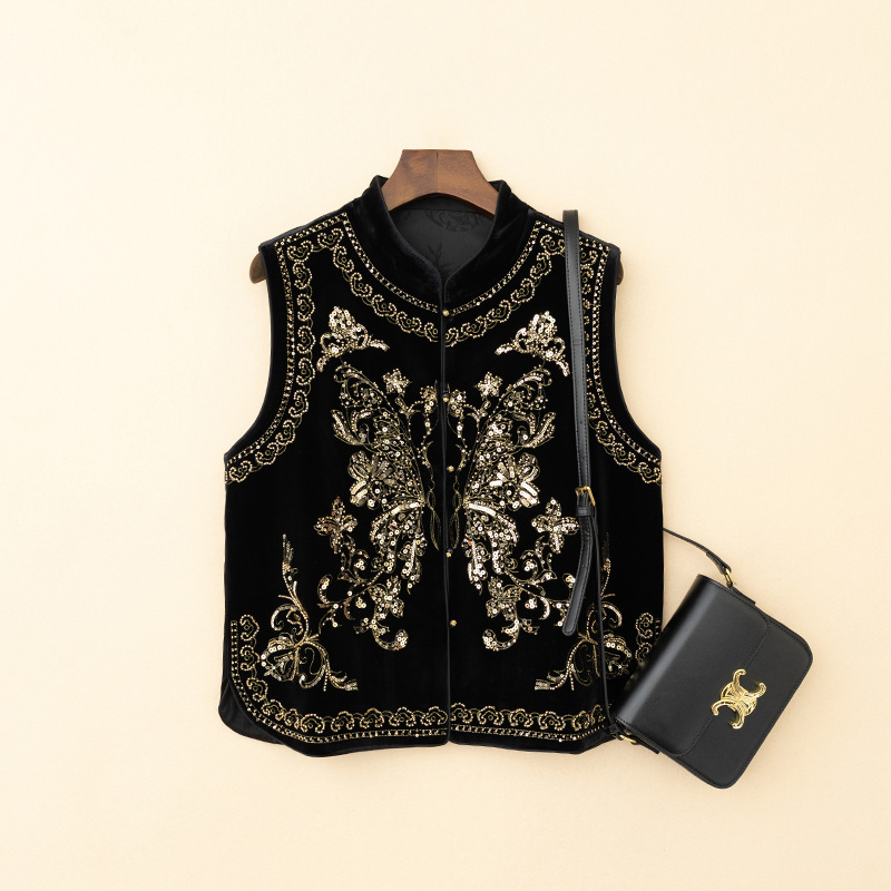 Make You Beautiful! Designer Style! New Chinoiserie Sequin Embroidered Flower Vest Women's Chinoiserie Vest Large Size Waistcoat