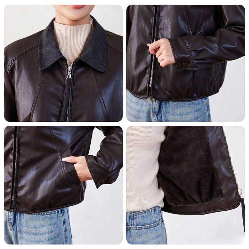 Áo khoác da nữ cổ bẻ dáng ôm phối lông bên trong kiểu mới — màu cà phê, đen, Màu cà phê Fleece dày, Màu đen Fleece dày chi tiết 15