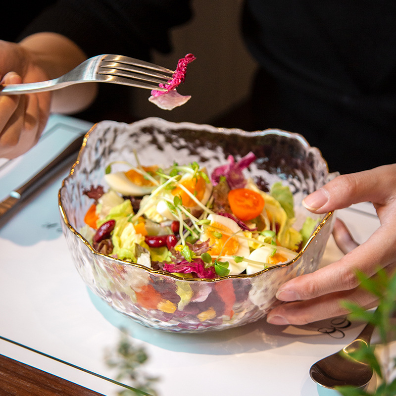 三件套日式金边玻璃碗沙拉碗碗盘套装家用水果碗创意锤纹碗碟餐具