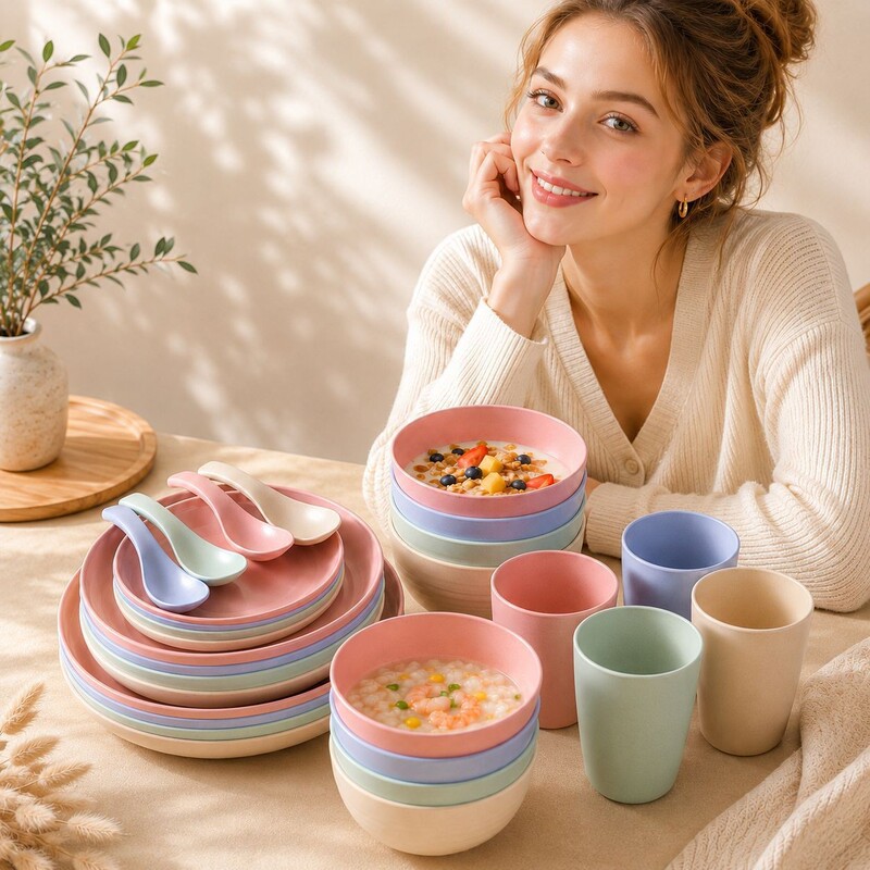 Cross-border wheat straw instant noodle bowls, durable and shatter-resistant, plastic soup bowls, high-quality plates and cups, wholesale tableware sets Cross-border wheat straw instant noodle bowls, durable and shatter-resistant, plastic soup bowls, high-quality plates and cups, wholesale tableware sets