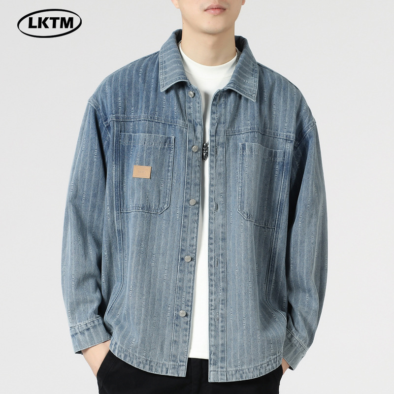LKTM男装#新款美式重磅复古竖条纹牛仔衬衫男ins潮牌宽松衬衣