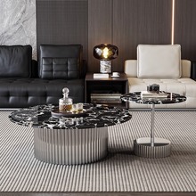 轻奢简约大理石圆形高矮组合茶几客厅家用小户型不锈钢边几角几