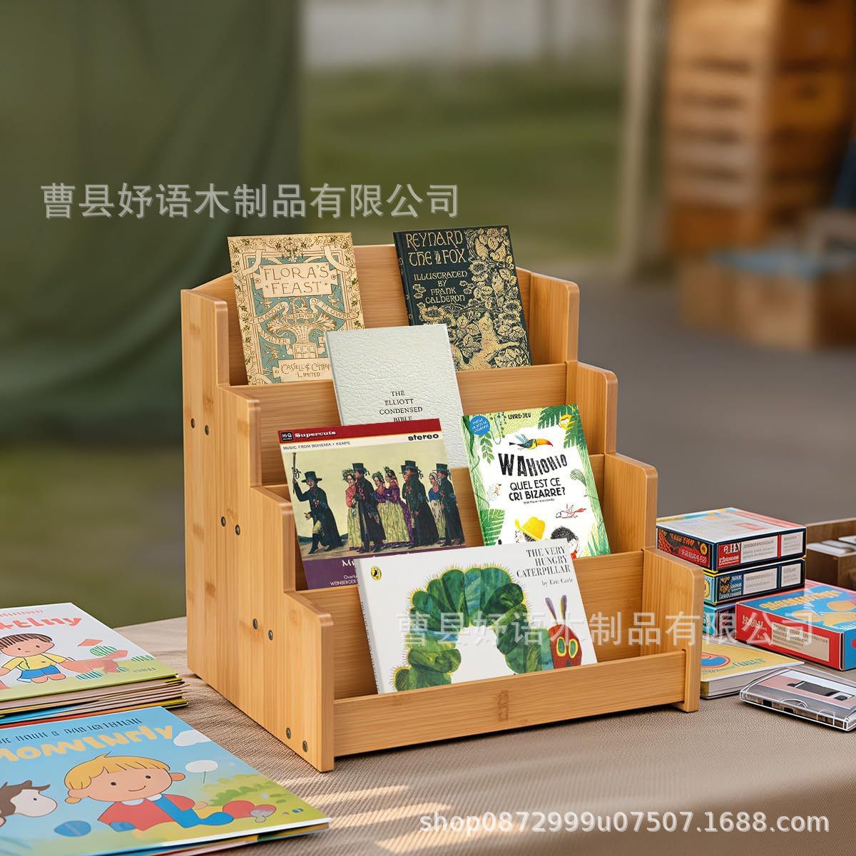 竹质贺卡展示架底座四层贴纸整理架交易卡收纳盒零售照片展示架