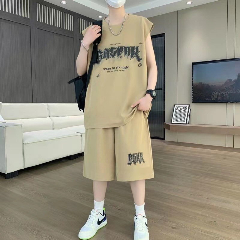 Summer Ice Silk Loose Casual Sports suit Teenager Students Sleeveless Vest Five-point Pants Two-piece Set with Fashion