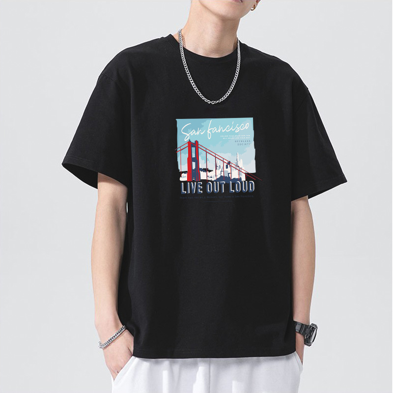 Camiseta de manga corta de los hombres de algodón de manga corta pie 230G pesada suelta marca de moda verano cuello redondo Camiseta de los hombres