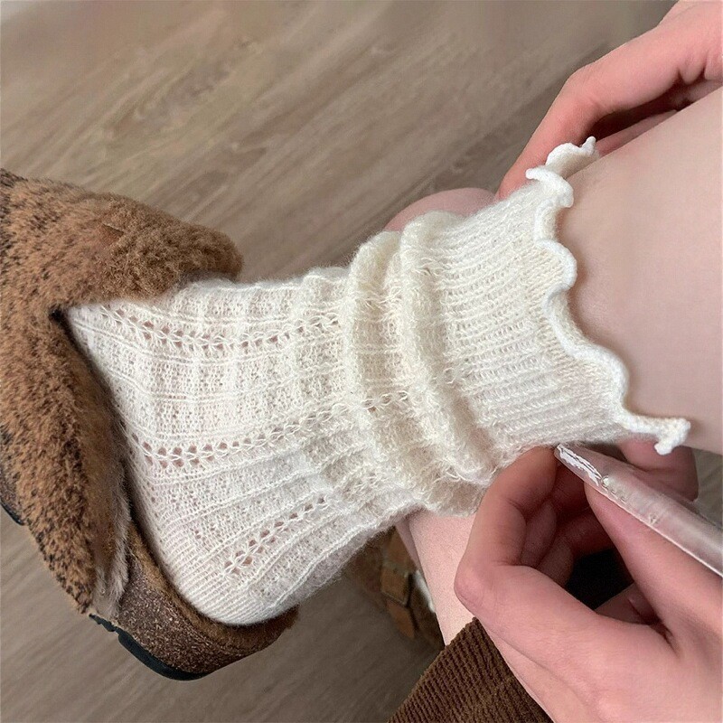 木耳花边堆堆袜子女秋冬白色日系芭蕾风蕾丝中筒袜配玛丽珍小皮鞋|undefined