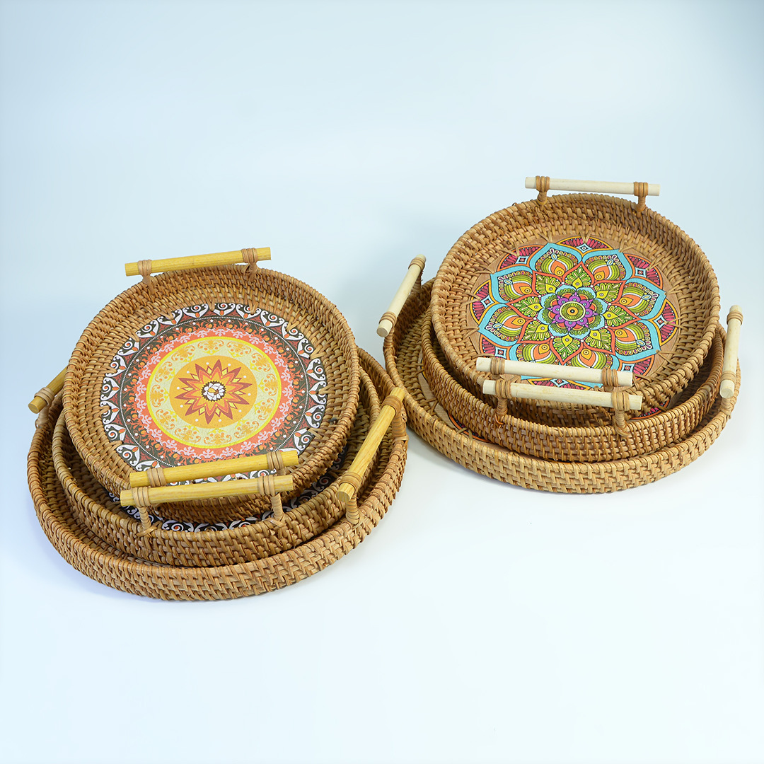 藤编托盘双耳篮编织提篮水果盘面包筐早餐篮竹编点心篮子装饰托盘