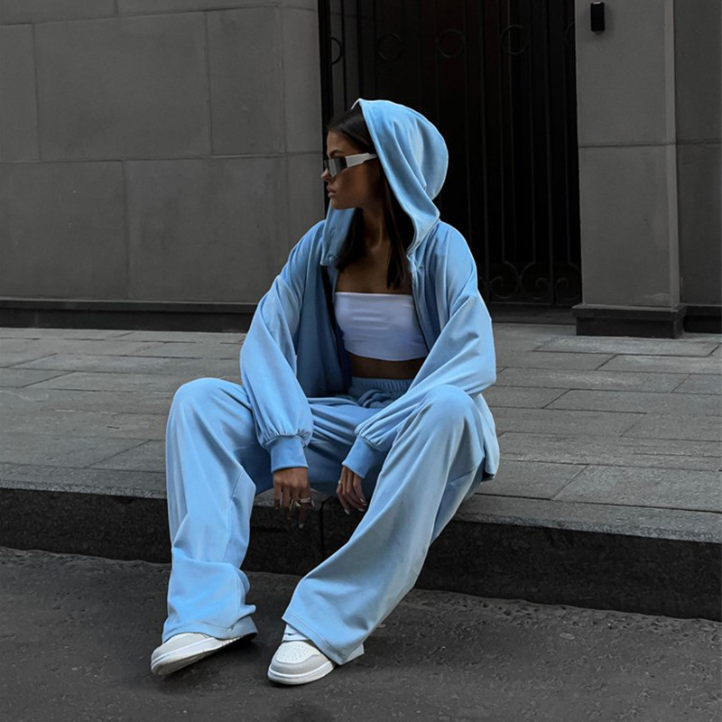 2025 European And American Foreign Trade Casual Autumn Women's Solid Color Sleeve Cardigan Hooded Top Sports Long Pants_ecoleips.com