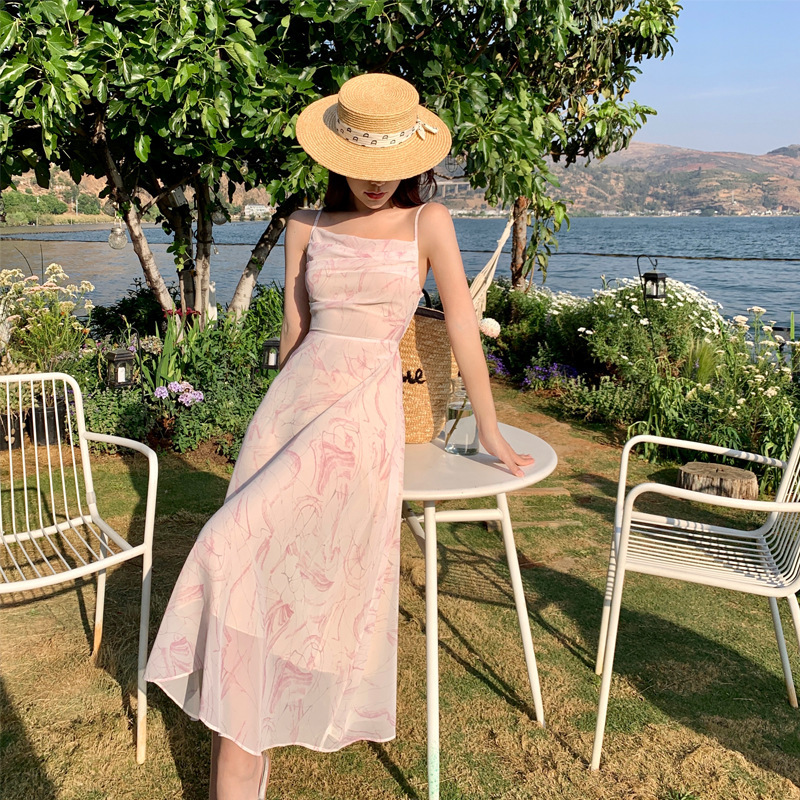 Elegant Sexy Backless Floral Slip Skirt Women's 2022 Summer New Tight Waist Thin Chiffon Dress