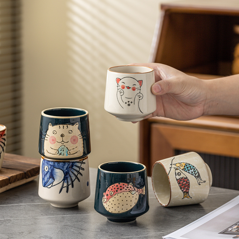 日式和风釉下彩手绘陶瓷一人一杯茶杯直身杯汤吞杯早餐杯子随手杯