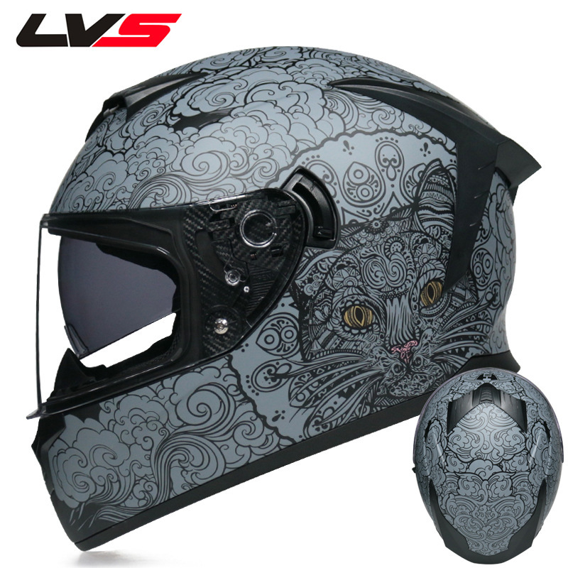 LVS casco de la motocicleta estándar nacional de los hombres y las mujeres del casco completo de doble lente de invierno motocicleta eléctrica Bluetooth cabeza Gris Cuatro Estaciones