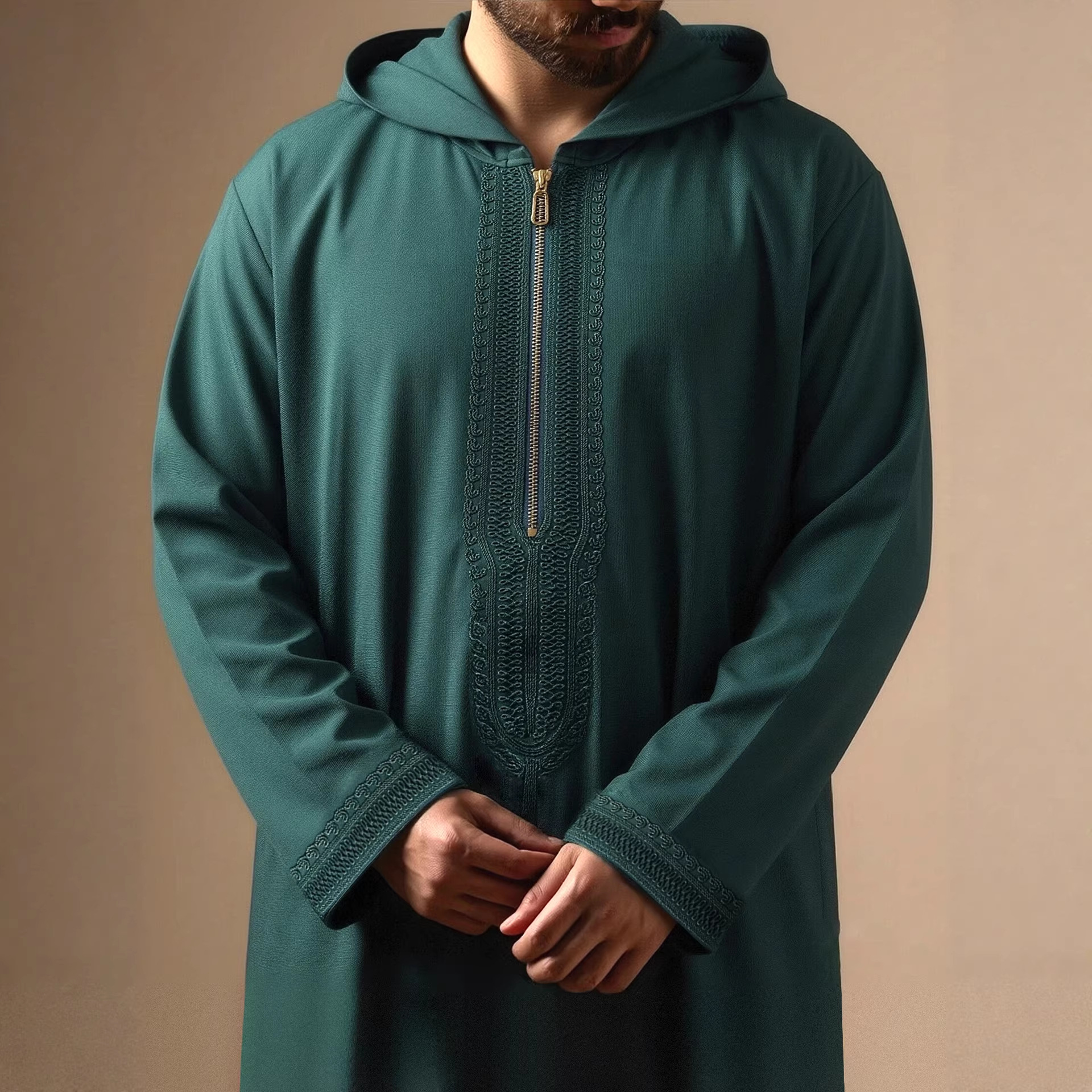 2026 New Cross-Border Long-Sleeve Embroidered Men's Premium Hooded Robe with Side Pockets
