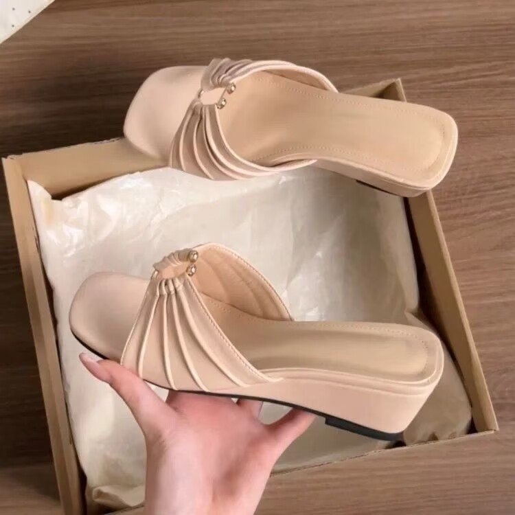 Suave estilo francés plegado pendiente con zapatillas de verano para mujeres 06 nuevo con falda antideslizante desnudo zapatillas frías
