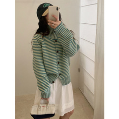 木四 韩版立领开衫毛衣女秋冬女装宽松撞色条纹针织外套上衣M6670
