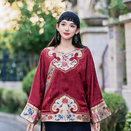 2026新款新中式民族风复古盘扣圆领衬衫女缎面提花刺绣上衣唐装