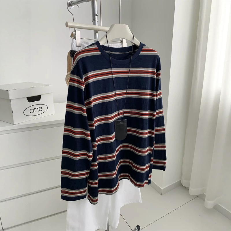 Plus-Size Women's 150kg Lightweight Breathable Cotton Retro Color-Block Striped Long-Sleeve Base Shirt for Early Autumn Outerwear Trendy Tops for Women Plus-Size Women's 150kg Lightweight Breathable Cotton Retro Color-Block Striped Long-Sleeve Base Shirt for Early Autumn Outerwear Trendy Tops for Women