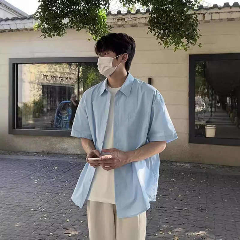 Sky Blue Thin Cool Short-sleeved Shirt Men's Summer Thin Korean Style Junior Sunscreen Shirt High-grade Half-sleeved Shirt Sky Blue Thin Cool Short-sleeved Shirt Men's Summer Thin Korean Style Junior Sunscreen Shirt High-grade Half-sleeved Shirt