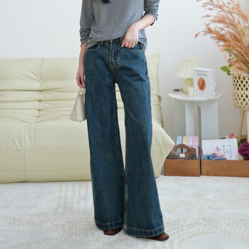 【Limited Special Offer】American Retro High-Quality Cotton Dark-Wash Wide-Leg Jeans, Slimming High-Waisted Straight-Leg Long Pants for Commuting