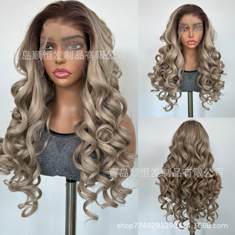 European and American Style Long Curly Wig for Women, Lace Front, Hand-Crocheted, Gradient Gold, Bouncy Hand-Wrapped Curls, Elastic Curls, High-Temperature Fiber Wig European and American Style Long Curly Wig for Women, Lace Front, Hand-Crocheted, Gradient Gold, Bouncy Hand-Wrapped Curls, Elastic Curls, High-Temperature Fiber Wig