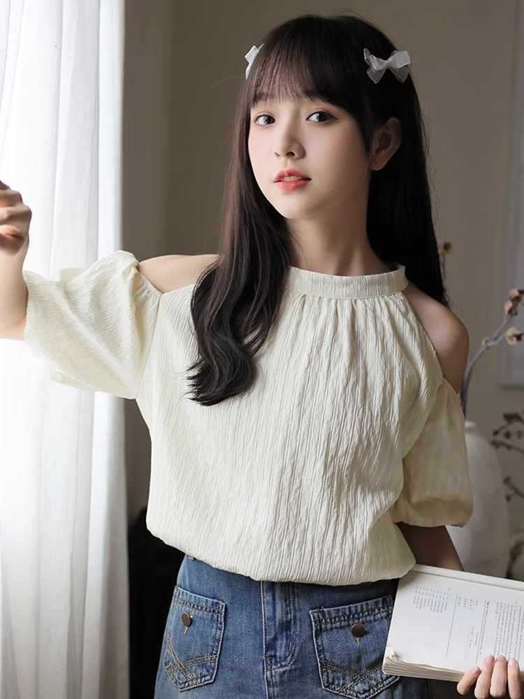 여름 여성을 위한 프렌치 스타일 리본 오프숄더 쉬폰 셔츠, 스위트 홀터넥 퍼프 슬리브 셔츠, 루즈 탑