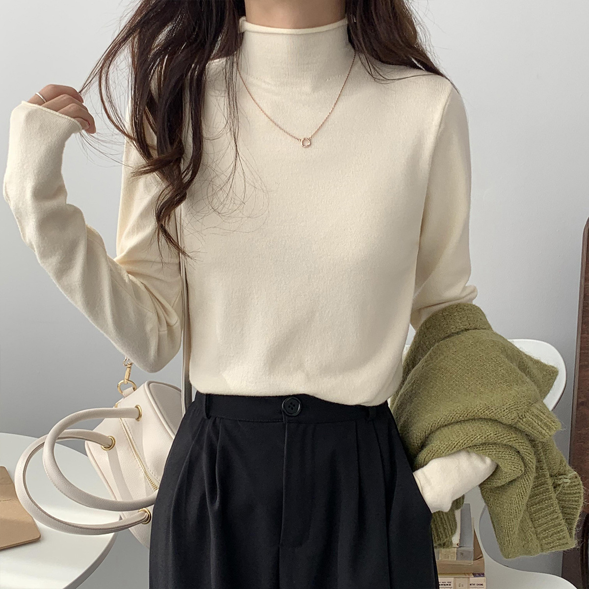 Slim Solid Color Long-Sleeved Small High-Necked Top NSFYF85669