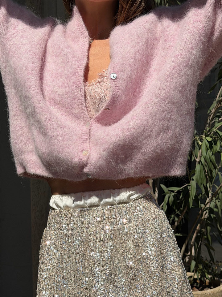 Áo khoác cardigan len nữ dáng rộng một hàng cúc, chất liệu dệt kim mềm mại, phong cách thanh lịch — Màu hồng nhạt (hàng có sẵn), Màu xanh lá cây (có hàng), Màu xanh ô liu (đốm), Màu xanh đậm (Còn hàng) chi tiết 29