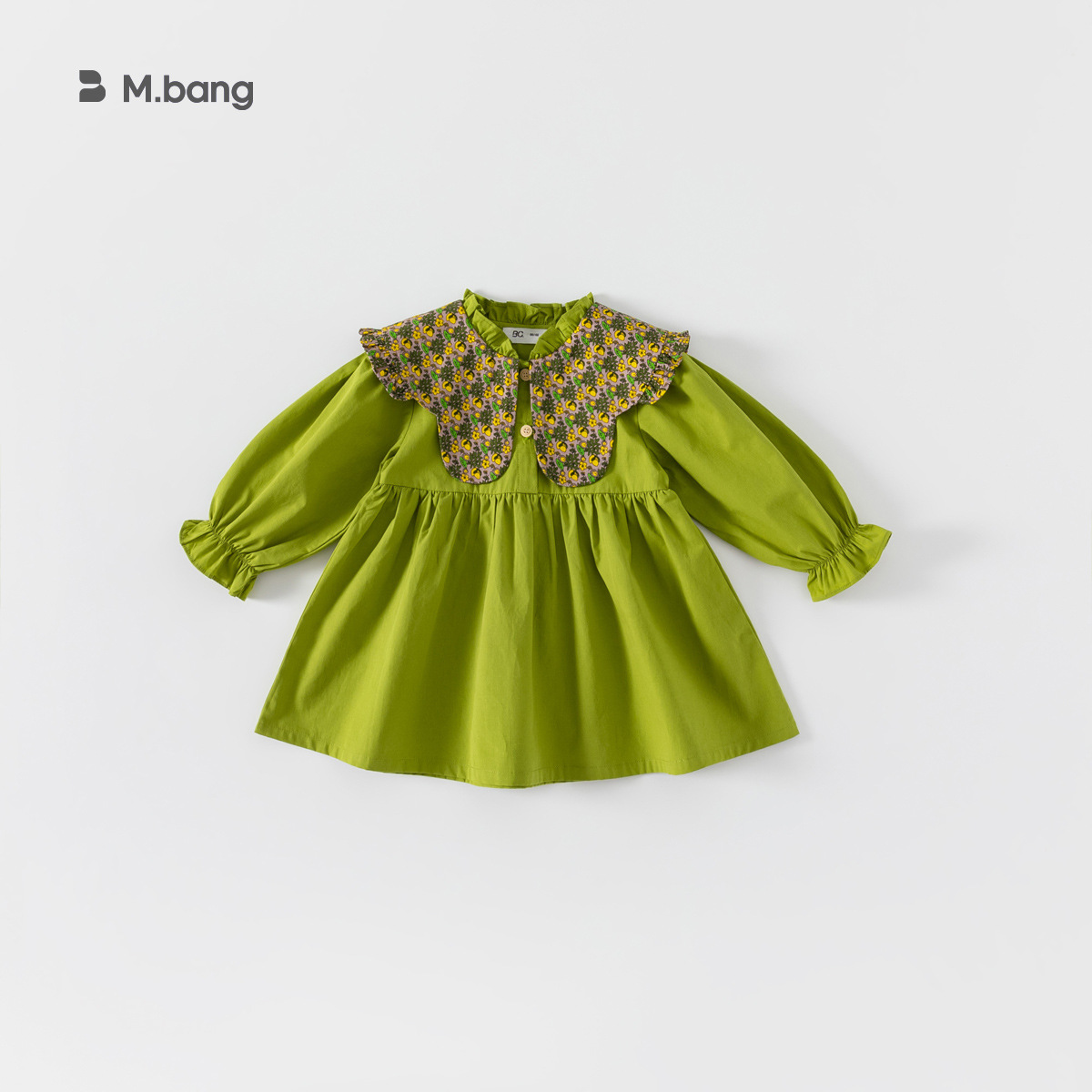 Ropa infantil Youbao, vestido de primavera y otoño estilo coreano para niñas, vestido verde aguacate con estampado floral y solapa grande, vestido para bebés pequeños 2026