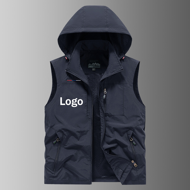 Men's Spring and Summer Thin Hooded Vest with Detachable Hood, Outdoor Hiking Casual Multi-Pocket Vest, Custom Logo Men's Spring and Summer Thin Hooded Vest with Detachable Hood, Outdoor Hiking Casual Multi-Pocket Vest, Custom Logo