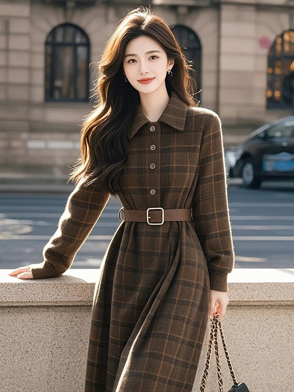 今年流行美拉德千金长裙气质轻奢高级感小香风格纹连衣裙女秋季|undefined