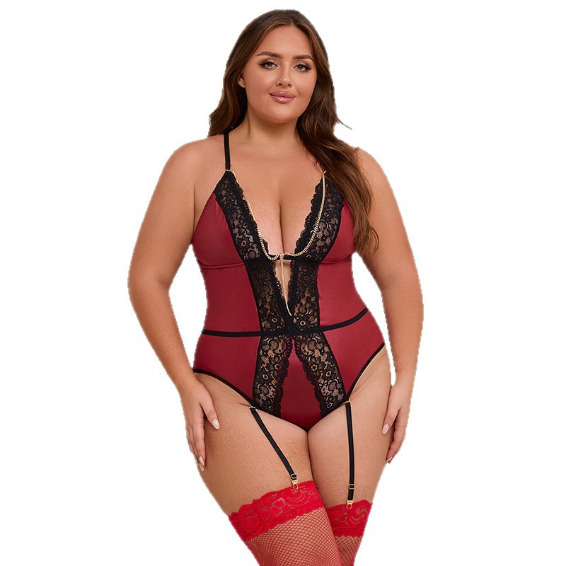 Distribución de gran tamaño 5XL ropa interior de entrepierna vino rojo cuero profundo cuello en V cuello colgante sexy camiseta
