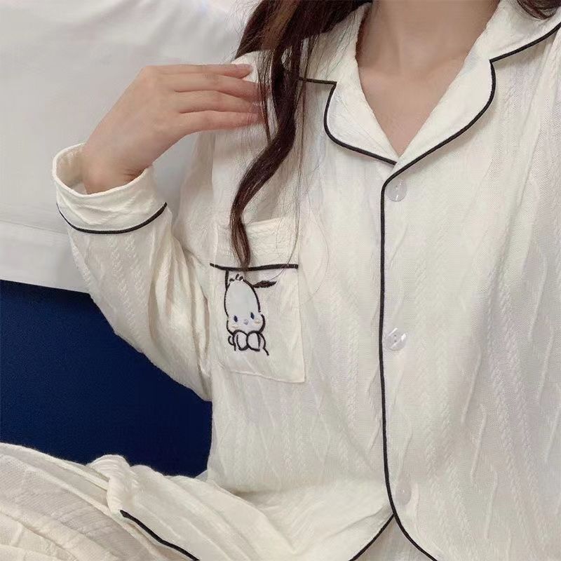 Al por mayor transfronterizo primavera y otoño nuevo algodón jacquard pijama de manga larga de mujer cardigan con solapa dulce encantador conjunto de ropa para el hogar
