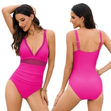 现货新款泳衣女深V性感欧美泳衣网纱拼接遮肚显瘦连体泳衣