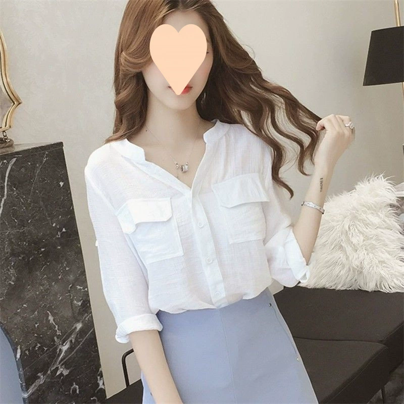Весенне-летняя женская новая рубашка с воротником в корейском стиле и рукавами три четверти, белая универсальная свободная студенческая рубашка, нижняя рубашка, верхняя рубашка