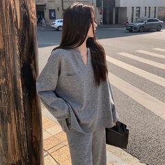 v领针织开衫套装女秋冬新款韩版宽松显瘦慵懒风时尚阔腿裤两件套