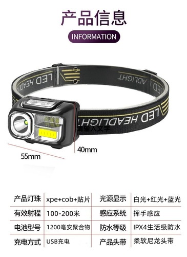 Cross-border LED high-intensity long-range headlamp with USB charging, portable, head-mounted light for outdoor night running and fishing light