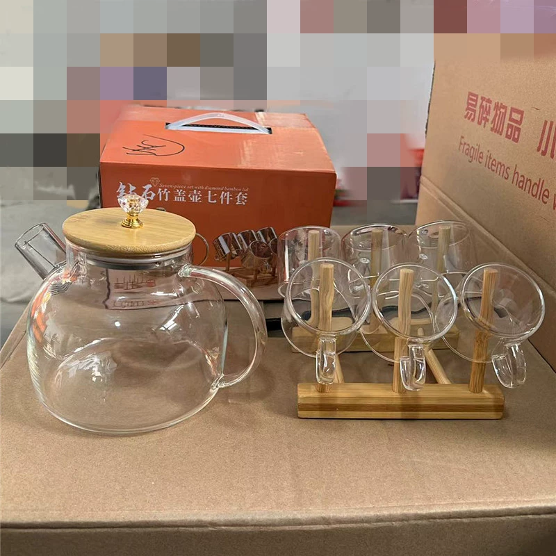 Бытовой Алмазный бамбуковый чехол для горшка семь костюмов прозрачный стеклянный чайный сервиз из семи предметов Янтарный боросиликатный бамбуковый чехол для чайника