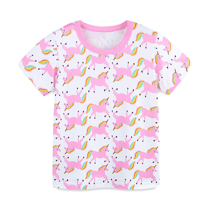 Traje de dos piezas de servicio a domicilio de manga corta para niñas de estilo europeo y americano 25 verano nuevo traje infantil estampado de unicornio lote mixto