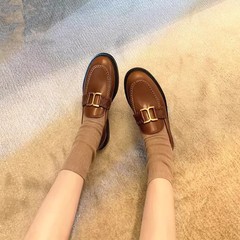 时尚百搭复古小金扣真皮厚底增高懒人一脚蹬乐福鞋女小皮鞋