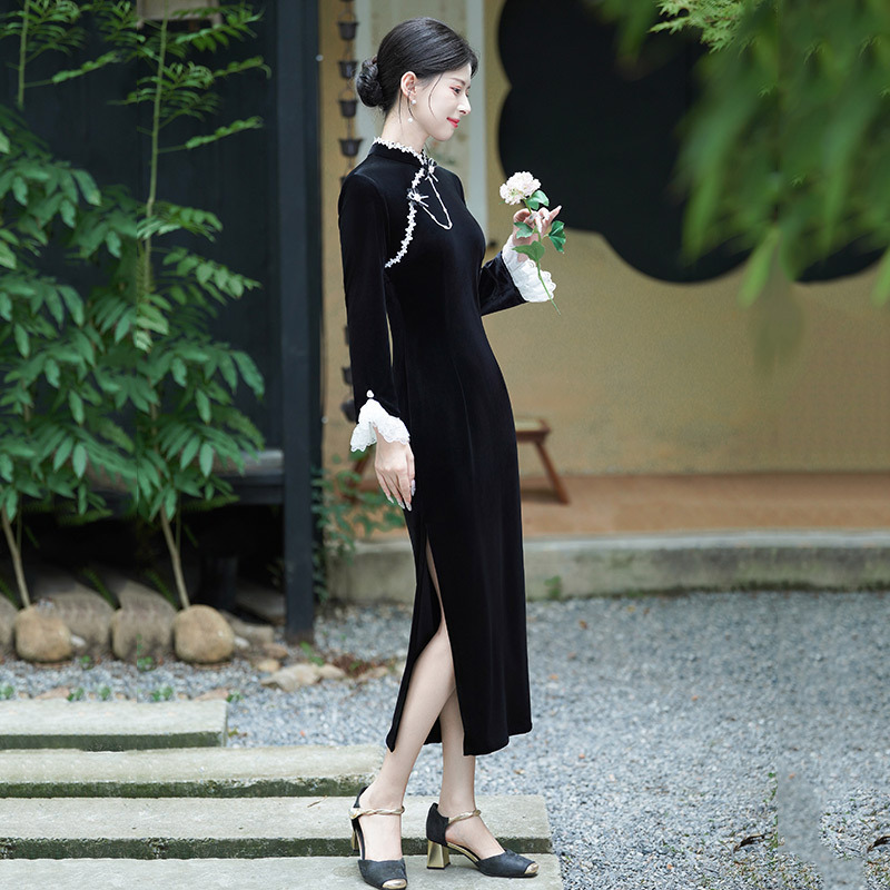黑色丝绒国风新中式苏州秋季长袖旗袍改良年轻款女高级感复古春秋|undefined