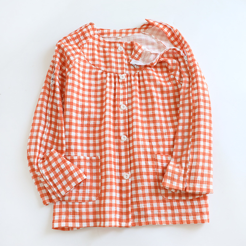 여성용 주황색 체크무늬 거즈 간호복 싱글 탑