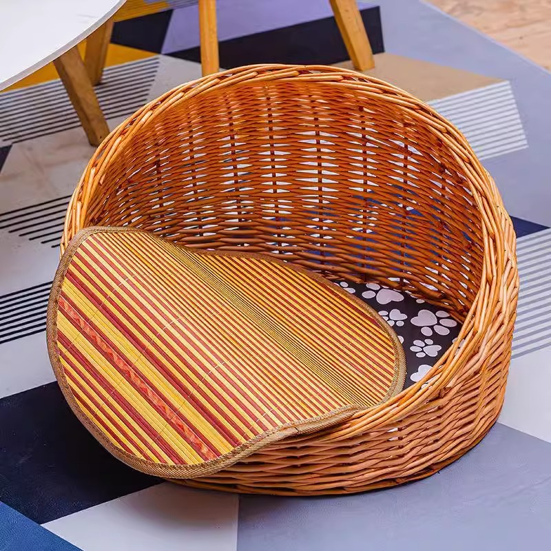 Perro de mimbre, nido para gatos, cuatro estaciones, casa para gatos de ratán universal, verano, perro pequeño y mediano extraíble y lavable, nido para mascotas tejido de peluche